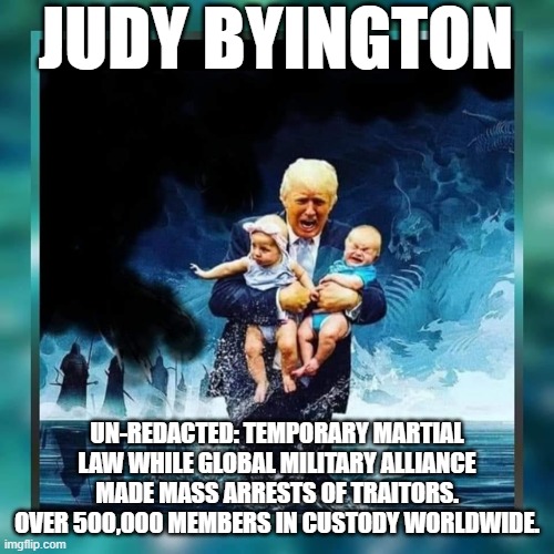 Judy Byington: Un-Redacted: Temporary Martial Law While Global Military Alliance Made Mass Arrests of Traitors. Over 500,000 Members in Custody Worldwide. (Video) 
