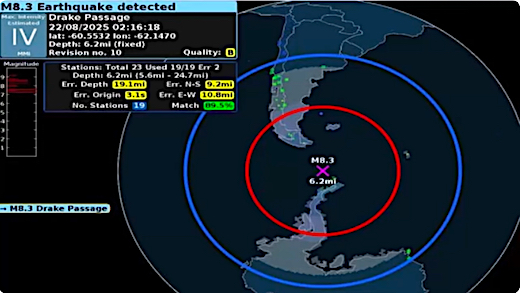 image Eq Mag 8,3 in Drake Passage on the 22nd of August, 2025
