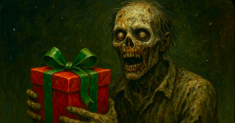 image Zombie-like human presenting a present at Christmas time.